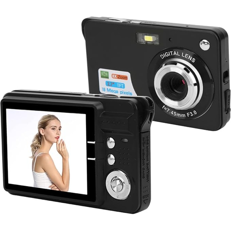 Skaitmeninis fotoaparatas, kompaktiškas 2,7 colio 18 MP kišeninis fotoaparatas su 8x priartinimu, palaiko 32 GB SD, integruotas mikrofonas, automatinis fokusavimas, nešiojamas mini fotoaparatas (juodas)