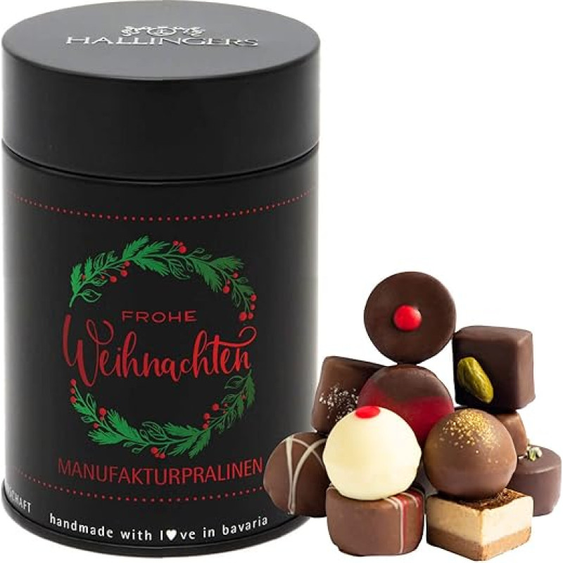 Hallingers Frohe Weihnachten - Manufactory Chocolates Gift Handmade without Alcohol from Fine Cocoa Chocolate (Tin) - Advent Calendar Novelties & Advent Calendar Filling | Congratulations Thank You