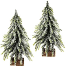 Artificial Mini Christmas Tree on Wooden Base Iced Snow Snowy Artificial Snow Christmas Tree Art Artificial Fir Small Christmas Tree Christmas Decoration Set of 2