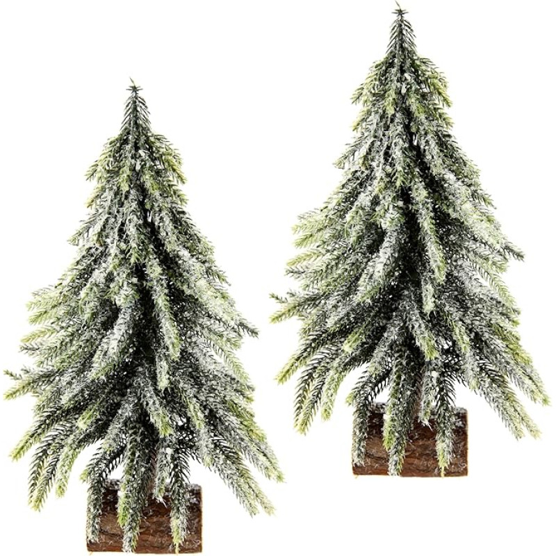 Artificial Mini Christmas Tree on Wooden Base Iced Snow Snowy Artificial Snow Christmas Tree Art Artificial Fir Small Christmas Tree Christmas Decoration Set of 2