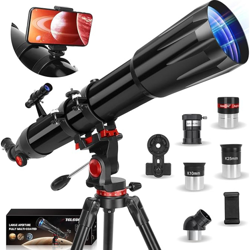 HETEKAN Telescope Astronomy for Adults, 90 mm Aperture 900 mm, Professional Refractor Telescope for Children and Beginners, Magnification (36X-450X), for Observing Planets with Stainless Steel Tripod