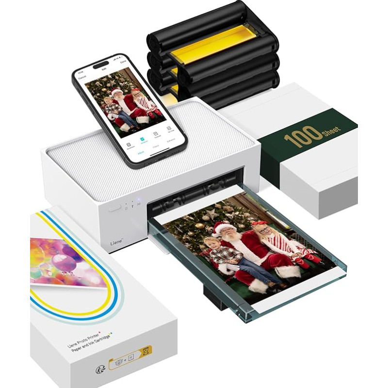 Liene Photo Printer for Smartphone (10 x 15 cm) + Pack of 100 Sheets Photo Paper/Cartridge, WiFi Mobile Phone Photo Printer for iPhone/Android/PC, 300 DPI Dye Sublimation Instant Image Printer, Photo
