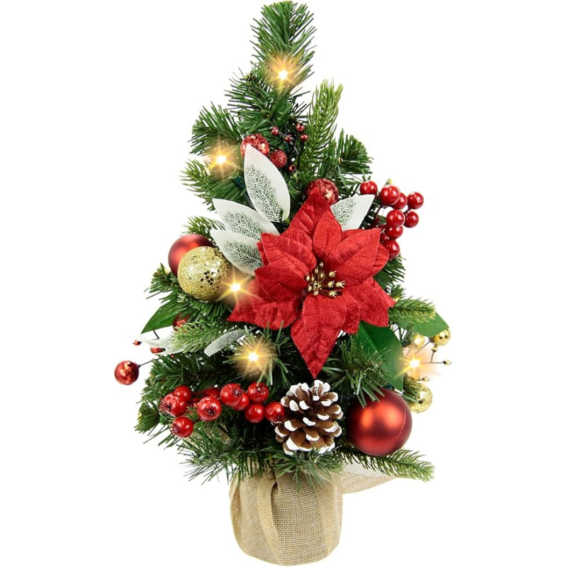 Artificial Mini Christmas Tree with LED Light Christmas Star Cones Berries Christmas Baubles Decorated in Jute Bag 39 cm Christmas Tree Small Christmas Tree Decorative Tree Decorated Christmas