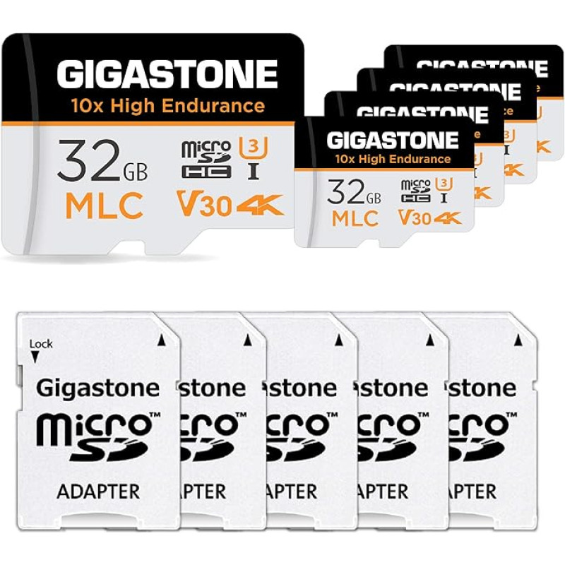 [GIGASTONE MLC 32GB 5-Pack MicroSDXC kortelė su adapteriu, 95/60 MB/s 4K vaizdo įrašas, U3 V30 C10 [5 metų nemokamas duomenų atkūrimas]