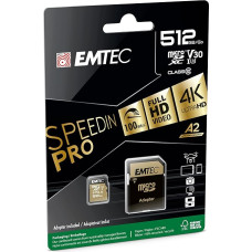Emtec - UHS-I U3 V30 A1-512 GB, 256 GB - ECMSDM256GXC10SP - Speedin series - with adapter - read and write speeds up to 100 MB/s, 100 MB/s, black/gold