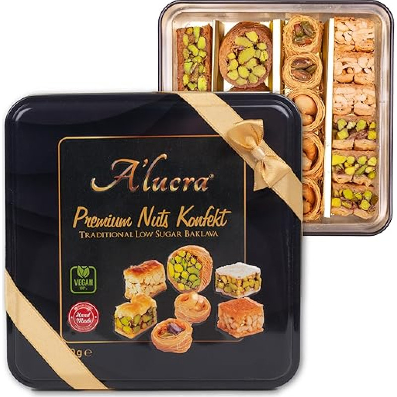 A'lucra 250 g Premium Nuts Confectionery - Traditional Low Sugar Baklava - High-Quality Gift Packaging with a Bow - Hand Made with the Best Ingredients and High Nut Content - 100% Vegan
