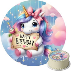 J&M DECO Valgomasis torto papuošalas, torto papuošalas, gimtadienio torto dekoracija, vienaragis mergaitė, gimtadienio torto dekoracija iš vaflių - apvalus 20 cm - valgomasis popierinis torto papuošalas - vienaragis torto papuošalas