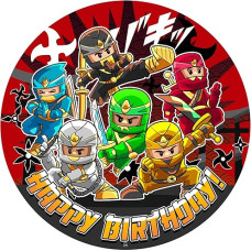 J&M DECO Edible Cake Topper, Cake Topper, Birthday Cake Decoration, Ninja Motif, Birthday Cake Decoration Made of Fondant, Round, 20 cm, Edible Paper Cake Decoration, Ninja Cake Decoration