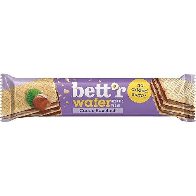 Bett'r Organic Waffle with Hazelnut Cocoa Cream, No Added Sugar, Vegan - 20 x 30 g