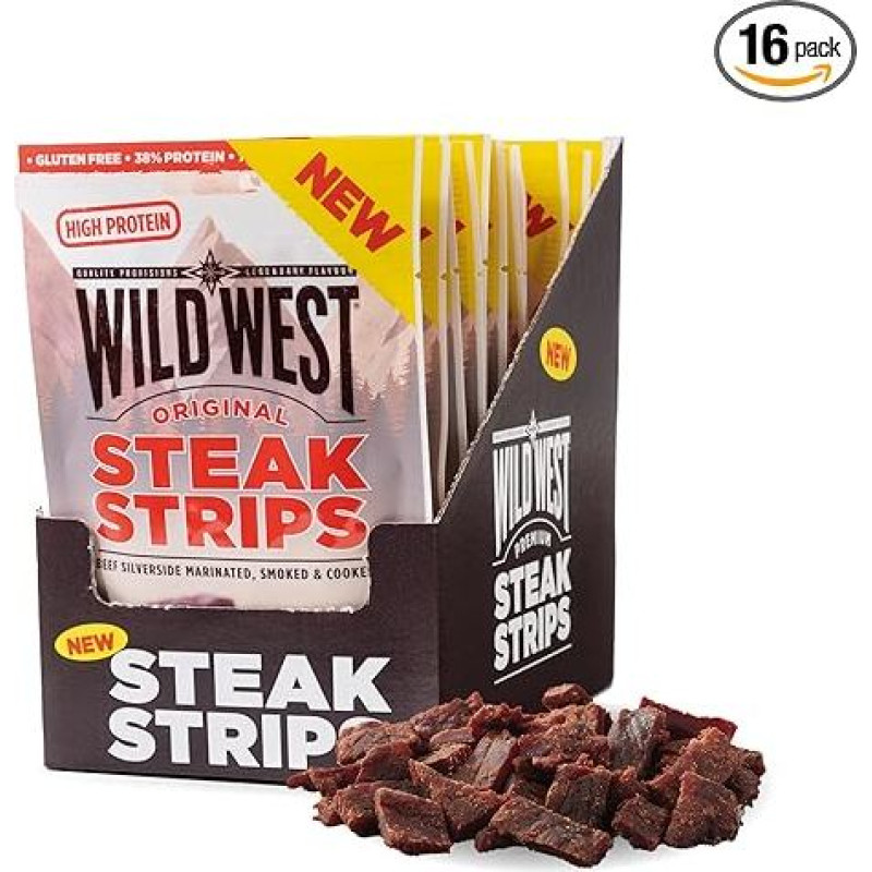 Wild West Steak Strips, 16 x 25 g Original Beef, jautienos džiovinta mėsa, daug baltymų turinti užkandėlė