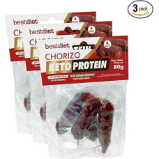 Bestdiet Keto baltymai Bestdiet Mažai riebalų Chorizo lazdelės baltymų užkandžiai Pakuotė iš 12 vienetų (3 pakuotės) po 80 g