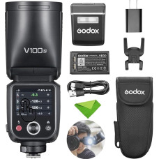 Godox V100S V100-S blykstė Sony fotoaparatui TTL blykstė, 400 pilnos galios blyksnių, 1,7 s įkrovimo laikas, 2.4G belaidis ryšys su išorine blykste, jutiklinio ekrano blykstė Speedlite