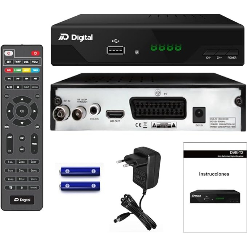 DM-Digital T2 Full HD TDT imtuvas H265+ (10bit) FTA, DVB-T2, USB, HDMI, SCART, USB WiFi palaikymas, 2-in-1 IR universalus nuotolinio valdymo pultas, juodas, metalinis