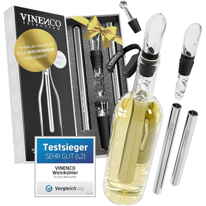 VINENCO The Original Wine Cooler Set, Bottle Cooler + Decanter 7-in-1 Premium Wine Accessories: Stainless Steel Bottle Wine Cooling Rod + Decanter Aerator + Pourer | Bar Gift Women Men Red / White