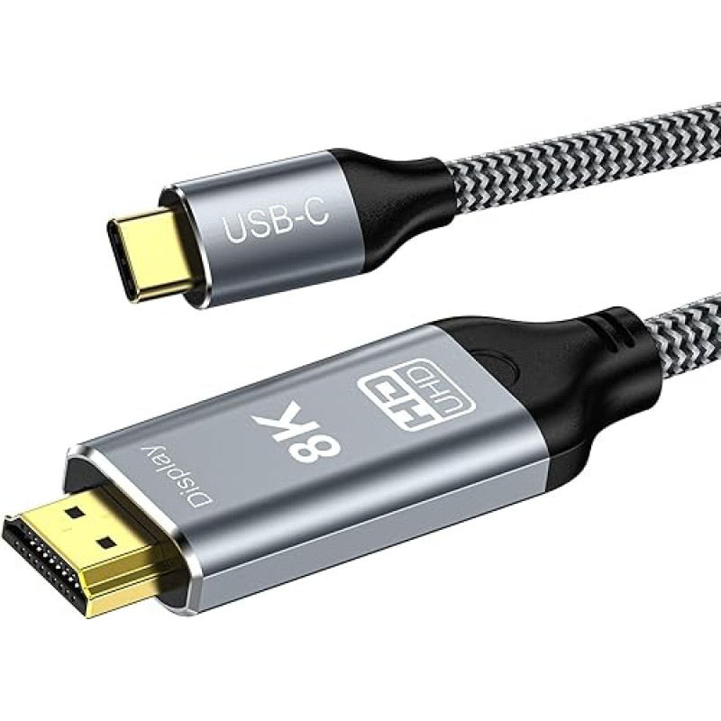 USB C ir HDMI 2.1 kabelis 3M 8K@60Hz, C tipo USB ir HDMI 8K UHD kabelis HDR HDCP 2.3 Thunderbolt 4/3, suderinamas su 