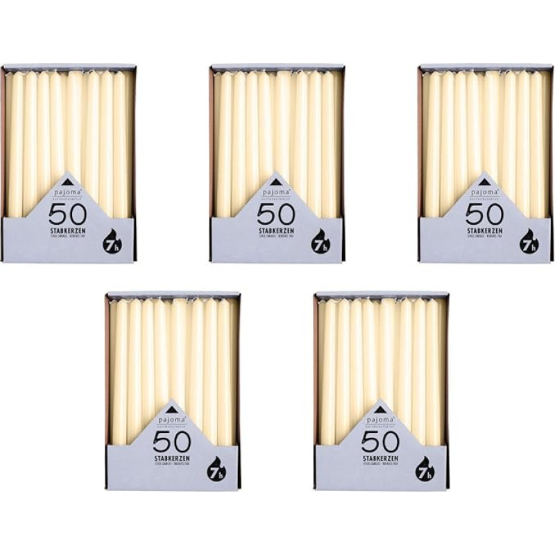 pajoma® Kūgninės žvakės dramblio kaulo spalvos - 250 vnt. | Aukštis 25 cm, skersmuo 2 cm | Degimo trukmė apie 7 val. | Universalios stalo, dekoravimo, kalėdinės žvakės ir maisto renginiams