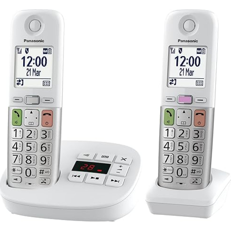 Panasonic KX-TGU432EXW Digital Cordless Phone with Answering Machine, Base Station & 2 Handsets, LCD Display, Favorite Button, Flashlight, Extra Loud Hearing Aid Compatible, White & Silver