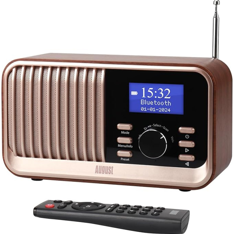 Įkraunamas DAB+/FM radijo imtuvas su dvigubu žadintuvu August MB450K Nostalgija Nešiojamas virtuvės radijo imtuvas su 60 išankstinių nustatymų Bluetooth 5.3 garsiakalbis Medinis korpusas USB/AUX/MicroSD, iki 18 valandų veikimo laikas, nuotolinio valdymo p