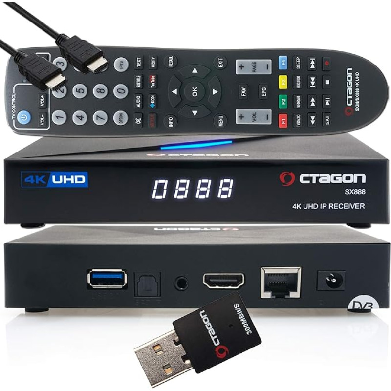 OCTAGON SX888 4K UHD IP H.265 HEVC Smart TV Set-Top Box - Sat to IP TV Receiver, Media Server, DLNA, YouTube, Web Radio, App iOS & Android App, Free EasyMouse HDMI Cable + 300 Mbit/s WLAN Adapter