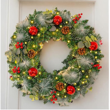 Sadodo Weihnachtskranz Sadodo Weihnachtskranz, Dekoration, 40,6 cm, mit LED-Licht, rote Weihnachtskugeln, Beeren, Tannenzapfen, Wand- und Fensterdekoration