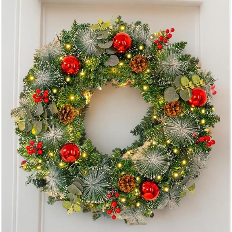 Sadodo Weihnachtskranz Sadodo Weihnachtskranz, Dekoration, 40,6 cm, mit LED-Licht, rote Weihnachtskugeln, Beeren, Tannenzapfen, Wand- und Fensterdekoration