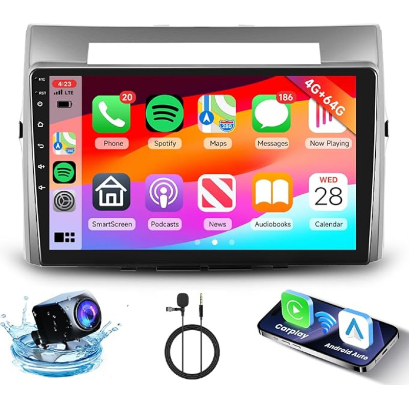 Hodozzy 4G + 64G Carplay automobilinis radijas Toyota Corolla Verso AR10 2004-2009 su belaidžiu Carplay Android automobiliu, 9 colių jutiklinis ekranas, Android radijas su navigacija, Bluetooth, WiFi, 32EQ, FM/RDS radijas, atbuline eiga