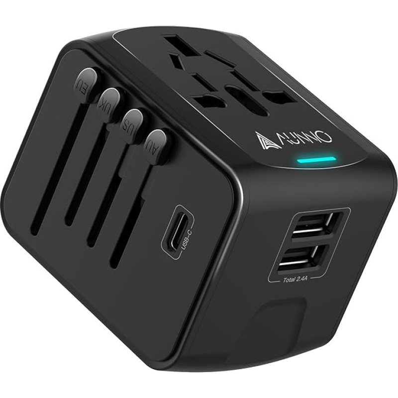 AUNNO Universalus kelioninis adapteris, tarptautinis kelioninis kištukinis adapteris su 1 USB C ir 2 USB prievadais, universalus pasaulinis kištukinis adapteris, Jungtinės Karalystės ir Europos universalus kištukinis adapteris, skirtas ES, JAV, Australija