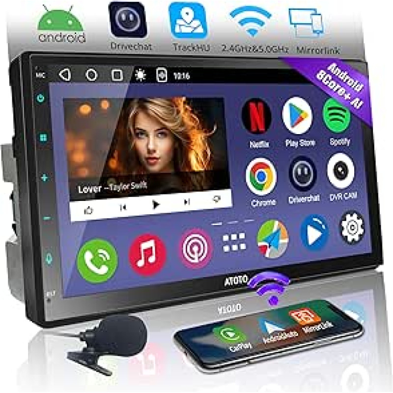2 DIN Android Car Radio with Display - ATOTOEXCEL 8Core Fully Laminated with Bluetooth Touch Screen, Android Car Wireless & Carplay, Voice Control, Navigation GPS, A6PF No MiC (7 Inch No Mic)