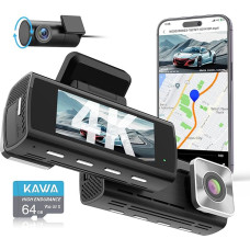 KAWA 4K Dash Cam Car Front Rear, AI-ISP Real Colour Night Vision, 4K + 1080P WiFi Dual Dash Cam, Includes 64GB SD Card, with GPS, 3.16 Inch IPS Screen, Loop Recording, Emergency Recording, 24 Hours