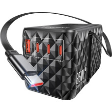 LENCENT Universal Travel Adapter 85 W Fast Charge, International Travel Plug with Retractable USB-C Cable for Type A/C/G/I (UK, EU, AU, US) Sockets, 1 USB-A & 3 Type-C Fast Charging, Black