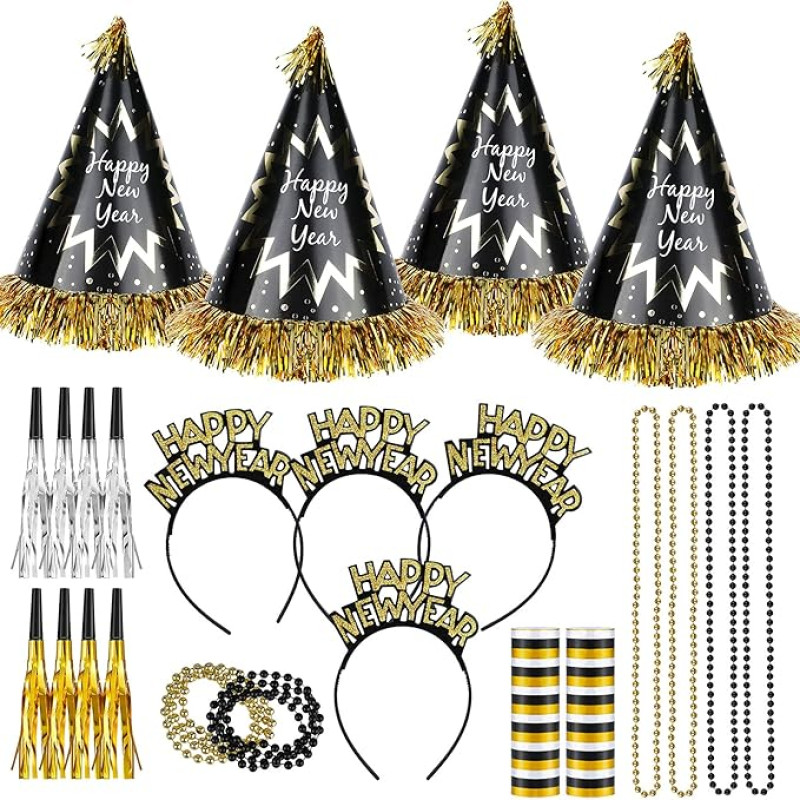 HOWAF Naujųjų metų išvakarių aksesuarai Foto rekvizitai - 24 laimingų naujametinių galvos juostų pakuotė, Naujųjų metų išvakarių vakarėlio skrybėlės, strimelės ir vėrinys vaikams, suaugusiesiems, Naujųjų metų dekoracijos, Naujųjų metų išvakarės