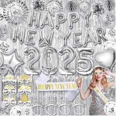Sidabrinės laimingų Naujųjų metų vakarėlio dekoracijos 2025 Laimingų Naujųjų metų balionų vėliava Sidabriniai 2025 folijos balionai Laimingų Naujųjų metų juostos Naujųjų metų akiniai Naujųjų metų akiniai Naujųjų metų išvakarių dekoracijos 2025