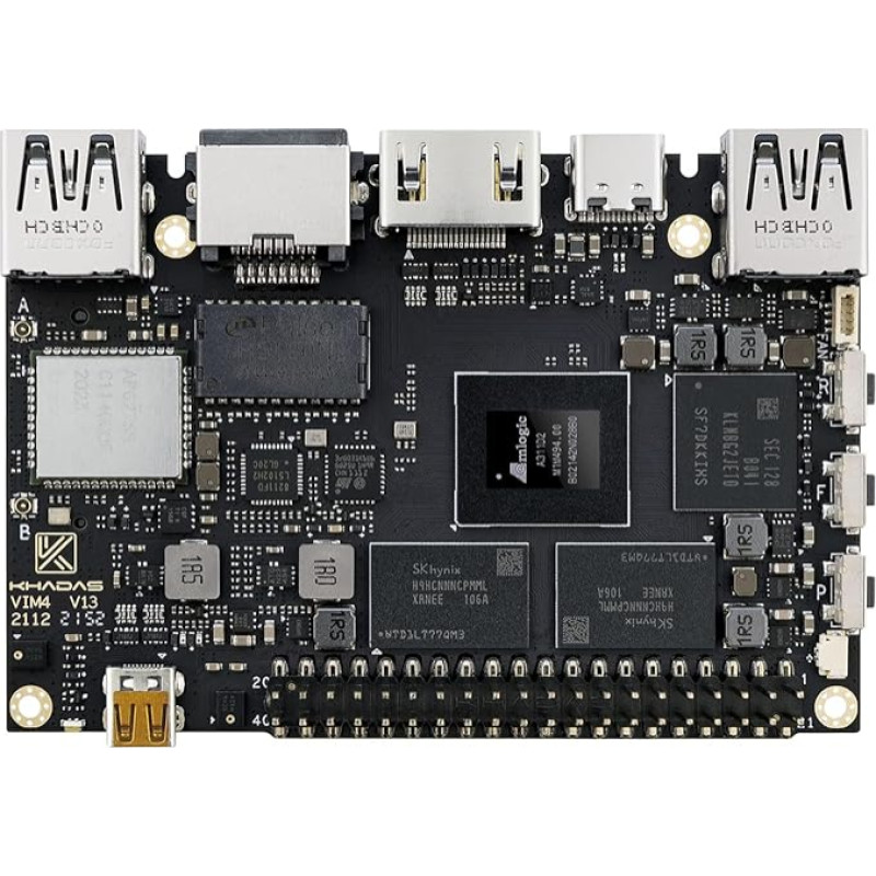 Khadas Single Board Computer VIM4 Active Cooling Kit with NPU Amlogic A311D2 4K UI Supports HDMI Input 4 Independent Displays LAN WiFi6 8GB LPDDR4X RAM Mali-G52 MP8 (8EE) GPU 32-Bit STM32G031K6 MCU