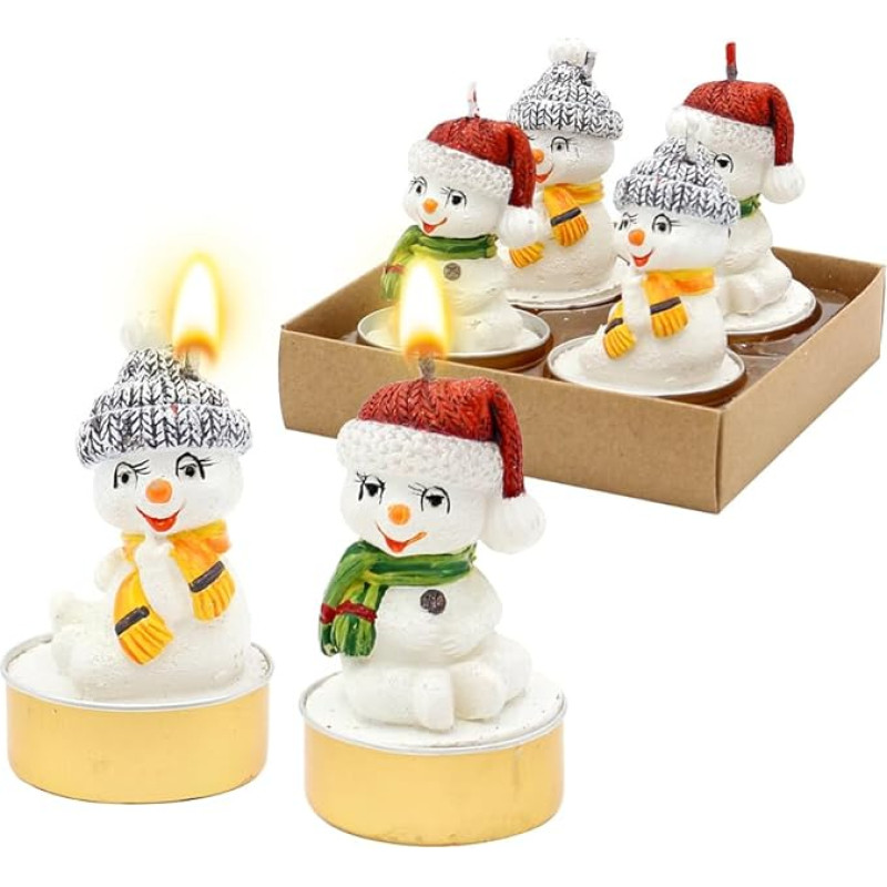 Dekohelden24 Arbatos žvakės, figūrinė žvakė, sniego senio žvakė, arbatos žvakės kaip sniego senis, 4 vnt., baltos spalvos, su spalvotomis kepurėmis, dėžutės turinys: 4 žvakės, kiekvieno sniego žmogaus matmenys 4 x 4 x 6