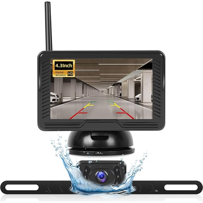 NHOPEEW Wireless Reversing Camera Kit with 4.3 Inch IPS Reversing Camera Monitor - Waterproof IP69 Night Vision Reversing Camera for Car, Truck, Motorhome, Trailer