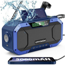 KAYINOW Solar Crank Radio Bluetooth Speaker Mobile Phone Charging Function, IPX5 Waterproof Portable Small Crank Radio, Emergency AM FM Portable, 5000 mAh Battery, Camping, Outdoor, Torch, SOS,