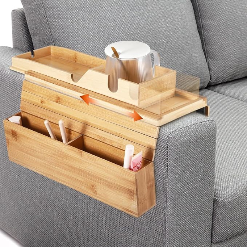 Sofos padėklas Porankis Lankstus bambuko su gėrimų laikikliu ir skyriais Kanapės lentyna Lankstus sulankstomas sofos porankis Lentyna porankiui su neslystančiu kamštiniu padėklu 41 x 34 cm