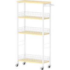4 Tier Slim Storage Trolley, Narrow Kitchen Trolley on Wheels, Utility Rolling Cart with Wooden Table Mobile Shelf Unit, Bathroom Storage Organiser, Rolling Tower for Laundry, Narrow Spaces