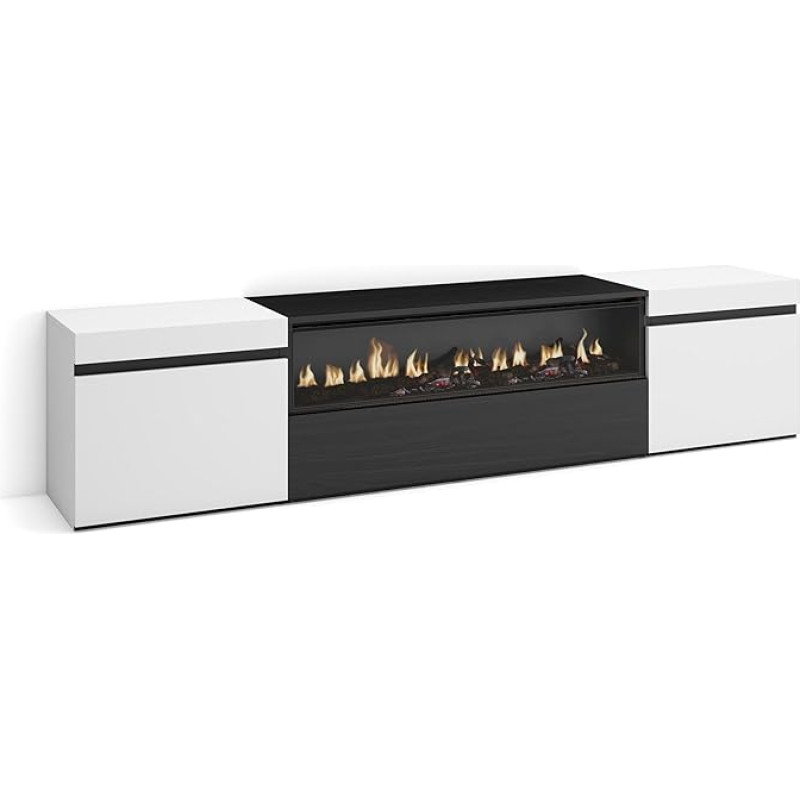 Skraut Home TV Cabinet, Lowboard, for Living Room and Dining Room, 200 x 45 x 35 cm, for TVs up to 80 inches, Electric Fireplace, Dimensions: Modern Style, White and Black