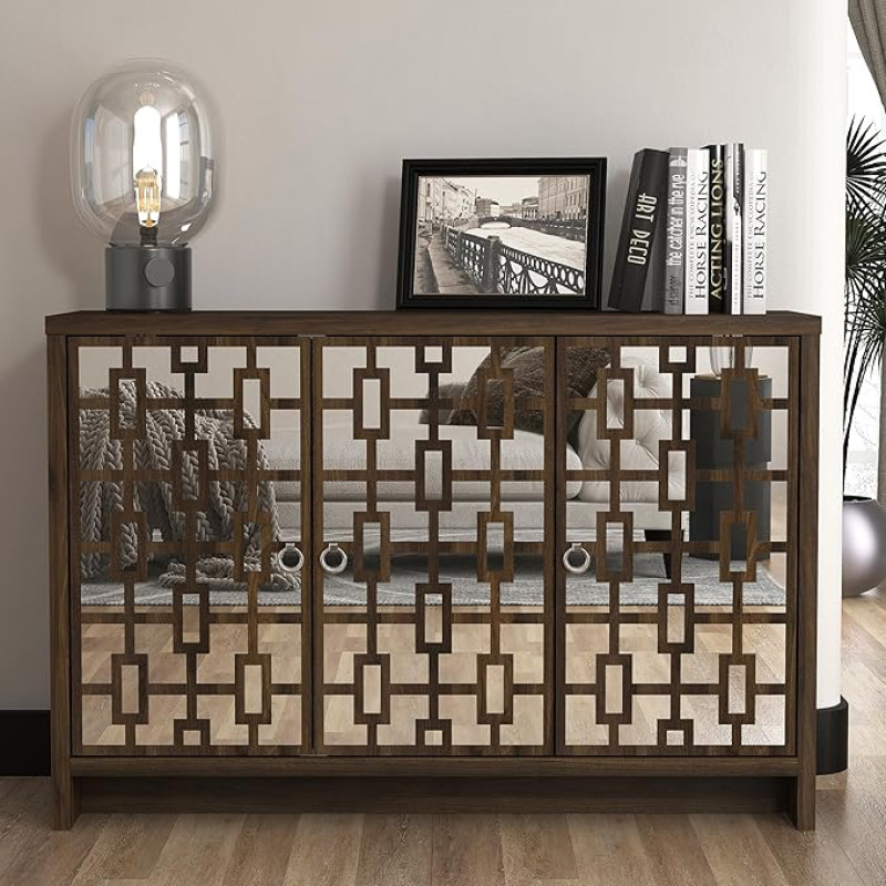 Galano Newark Sideboard with 2 Doors, Modern Design with Acrylic Mirror & Storage Space, Cabinet for Living Room, Kitchen & Hallway, Royal Walnut