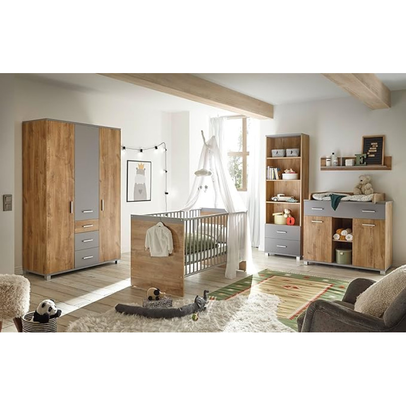 Larissa Baby Room 5-Piece - Children's Room in Bolton Oak & Arctic Grey with Revolving Door Cupboard, Baby Cot 70 x 140 cm Height Adjustable, Conversion Sides, Changing Table & Shelf