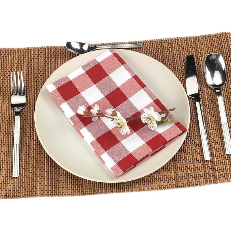 LAN&LAN - Cloth Napkins, Pack of 12 Gichy Checked Napkins, 41 x 41 cm, Washable Checked Napkins (Red)