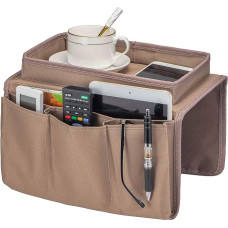 Sofos porankio organizatorius su puodelio laikikliu, sofos nuotolinio valdymo pultelio laikiklis Sofos organizatorius, skirtas išskleidžiamojo čiužinio kėdės porankiams su 5 lizdais - 2 didelės kišenės, 3 mažos kišenės