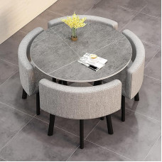WYZCHDM Modern Dining Table Set, Round Dining Table with 4 Chairs, 80 cm, Kitchen Table, Dining Room Table with Chairs, for Dining Room, Kitchen, Living Room, Cotton Linen 2