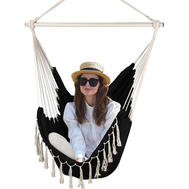 Kabanti kėdė sūpynės Lauko vidaus Macrame kabanti kėdė su maišeliu miegamajam ir lauke, juoda