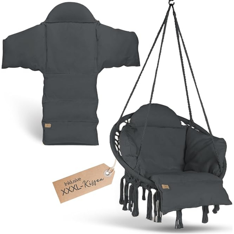 BELLAMATILDA® Kabantis krėslas su krepšiu ir XXL pagalvėle - lauko ir vidaus kabančios sūpynės suaugusiesiems - kabanti sėdynė / kabantis krėslas sodui, svetainei, balkonui, terasai - sūpynių krepšys iki 150 kg