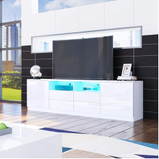 Senvoziii TV Lowboard with Front High Gloss White 180 cm TV Cabinet LED Lighting Modern Sideboard with 2 Doors and 4 Drawers for Living Room