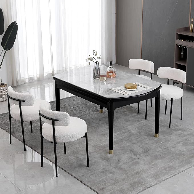 AISALL Valgomojo kėdžių rinkinys iš 4 kėdžių su atlošais, virtuvės kėdžių rėmas pagamintas iš juodo metalo, minkšta kėdė, modernaus retro dizaino kėdės virtuvei, valgomajam, baltos spalvos