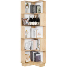 mosegor 6 aukštų medinė kampinė lentyna, didelė kampinė knygų lentyna, moderni stovinti lentyna, gyvenamasis kambarys, S formos knygų lentyna studijoms, miegamajam, biurui, H-175 cm (originali medžio spalva)