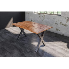 SAM Dora valgomojo stalas 120 x 80 cm, lakuotas natūralios spalvos mangmedžio masyvo stalas su sidabriniu X-metalo rėmu, 26 mm storio tikros medienos lazdele